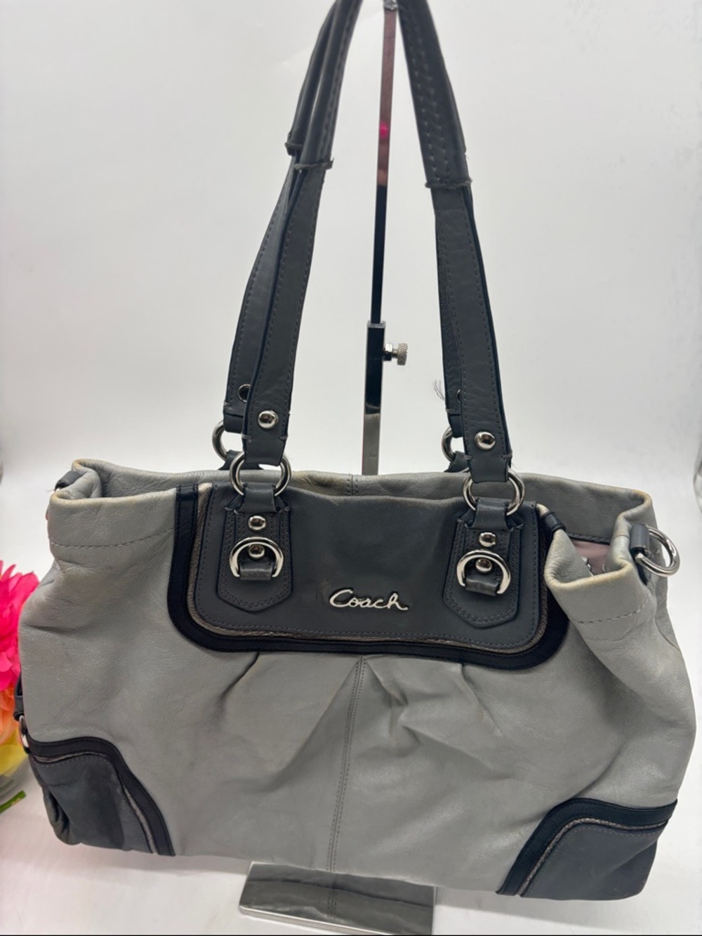 Coach Gray and Black Leather Shoulder Bag As In Condition
